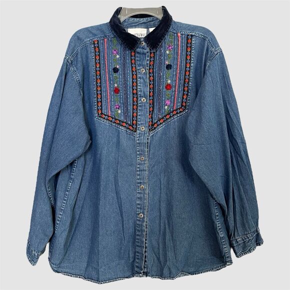 Casey Max Boho Denim Velvet Collar Top Size  XL Embroidered Cottage Country Folk - Picture 1 of 11